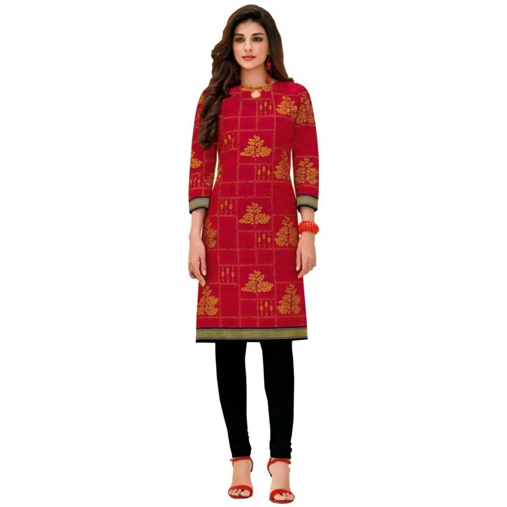 Shree Ganesh Red Printed Cotton Kurtis-Sgk1005