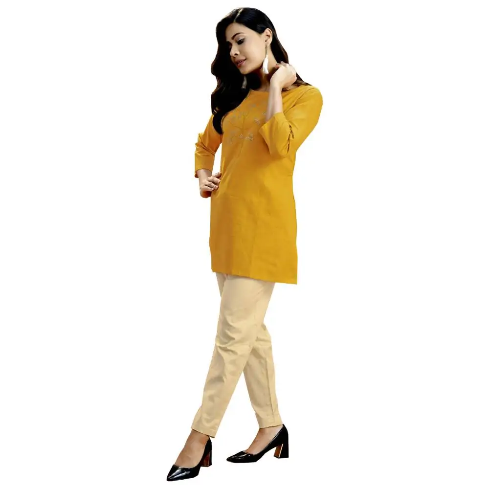 Stylish Yellow Color Cotton Printed Kurti With Pants Daftar1906