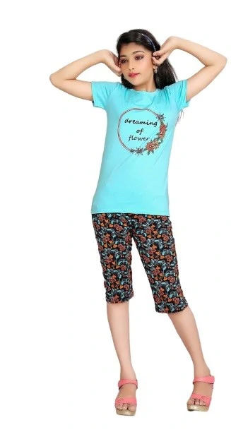 Navy Blue Cotton Printed Capri For Girls-DAISY6082